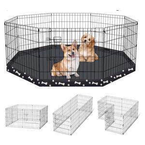 Dog Pen Pet Playpen Dog Fence Indoor Foldable Metal Wire Exercise Puppy Play Yard Pet Enclosure Indoor Outdoor 8 Panels 24 Inch with Bottom Pad (Bottom Cover Fence with Printing)