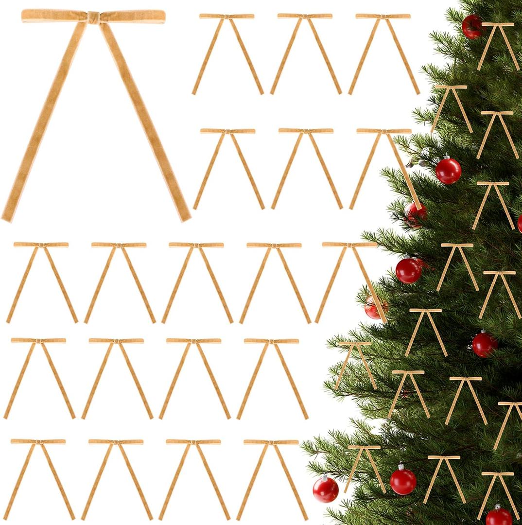 2 x 60 Pcs Khaki Christmas Velvet Bows for Christmas Tree, 5x7 Inch Pre-Tied Vintage Ribbon Bows Ornaments for Gift Wrapping Wreaths Garland Xmas Holiday Dcor (3/8")