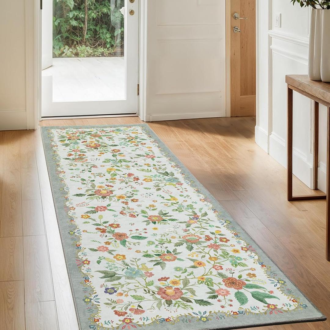 Amada 2x6 Washable Runner Rug, Non-Slip & Low-Profile Kitchen Area Rug with Durable Edge Binding, Boho Floral Pattern, Soft Long Entryway Runner Rugs for Bedroom & Hallway (Grey)