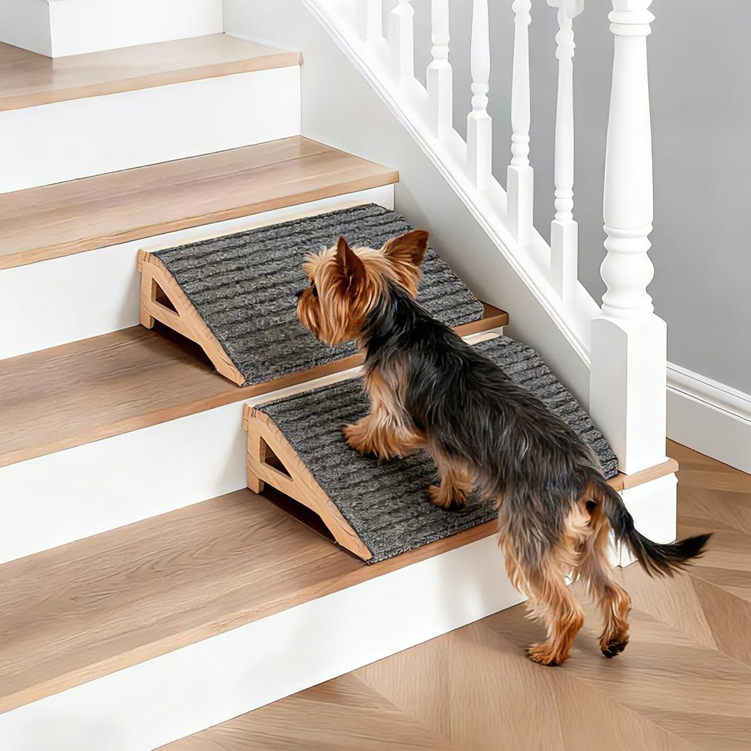 2 Pack Dog Ramp Stairs for Small Dogs  2-in-1 Solid Wood Pet Ramp & Calf Stretcher, Supports 170lbs, Non-Slip Carpet, Gentle Slope for Senior/Injured/Aging Dogs, Indoor/Gym Use, No Assembly Required