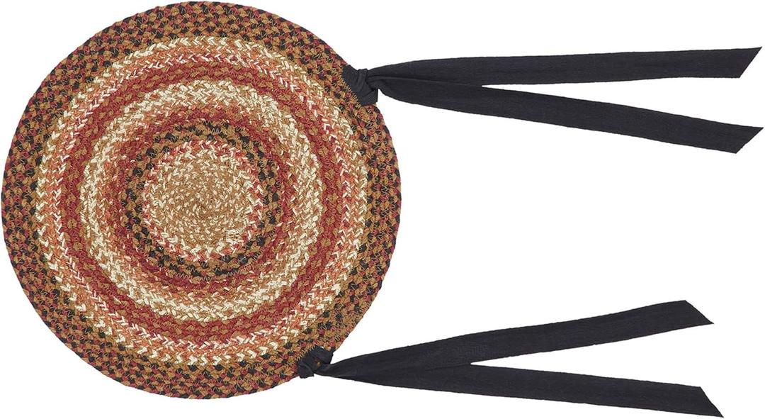 VHC Brands Ginger Spice Round Seat Cushion Chair Pad, Orange Red Natural, Jute Blend with Ties, 15x15 Inches