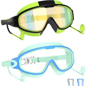 Swim Goggles for Kids 3-15 with Earplugs Large Frame Anti-Fog/UV Swimming Goggles for Boys Girls Toddler 2PCS (Green and Black &Blue)