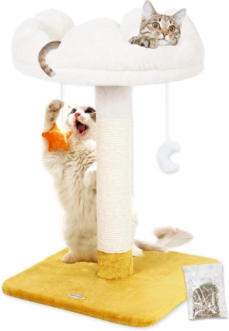 Happi N Pets 28" Large Cloud Cat Scratching Post with Bed(15.3in), Cat Tree Tower for Indoor Cats, Tall Scratch Post with Natural Sisal Ropes & Soft Plush Perch, Removable Cover & Enhanced Base