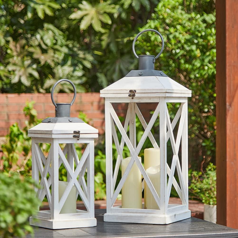 Glitzhome Modern Farmhouse Wooden Lantern Hanging Decorative Candle Lantern for Outdoor & Indoor Wash White Set of 2 (No Glass)