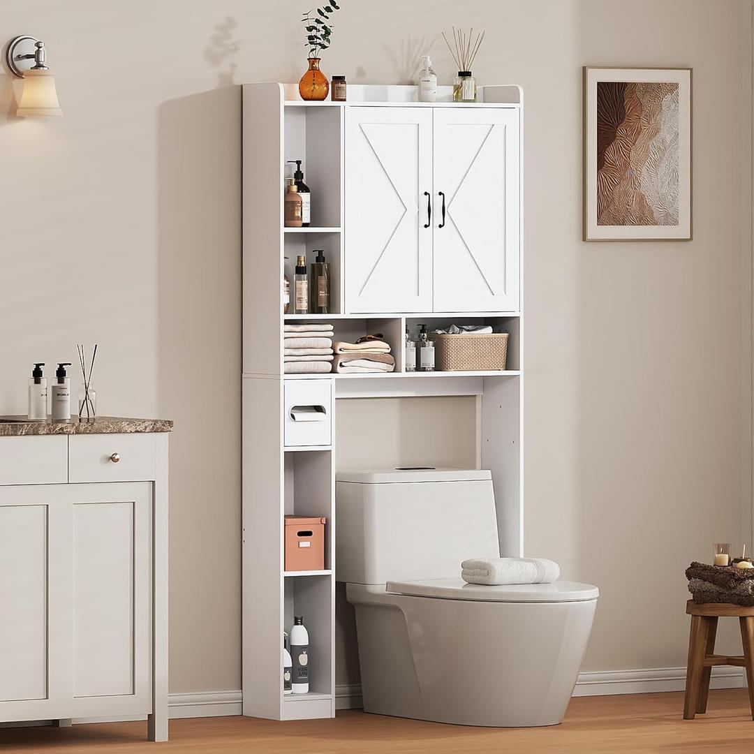 Over the Toilet Storage Cabinet, 31”W Bathroom Organizer with Double Doors, Above Toilet Rack, Detachable Toilet Paper Holder for Bathroom & Laundry Room White, 31in