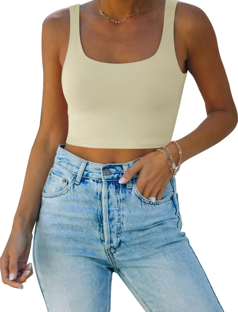 REORIA Women’s Sexy Square Neck Double Lined Seamless Sleeveless Cropped Tank Yoga Crop Basic Tops S