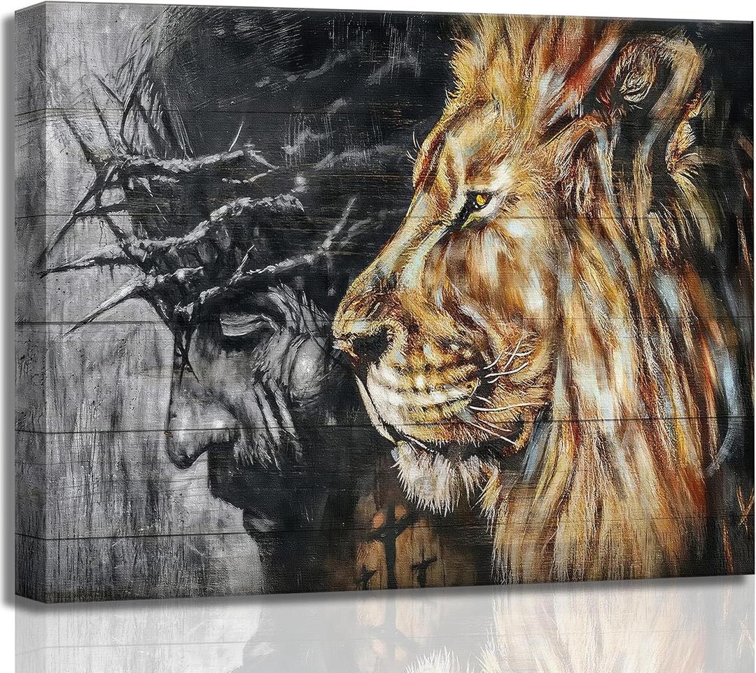Large Jesus and Lion Canvas Wall Art Judah and Lion Cathedral Black and White Religious Christianity Picture Wall Decor Poster Print for Living Room Bedroom Office Home Decoration, 36"L x 24"W