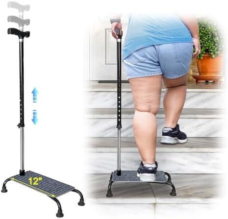 NEAUDE Stair Climbing Assist Cane for Seniors, Stair Lifts Walker Elderly, Mobile Half Step Aid Stair Helper, Adjustable 4 Prong Standing Quad Cane Large Base, Portable Walking Stick for Stability