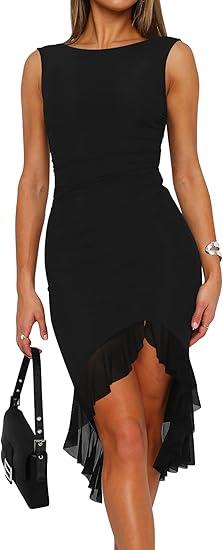 BORIFLORS Women's Sexy Ruched Bodycon Midi Dresses Elegant Sleeveless Backless Ruffle Hem Cocktail Party Tank Dress M