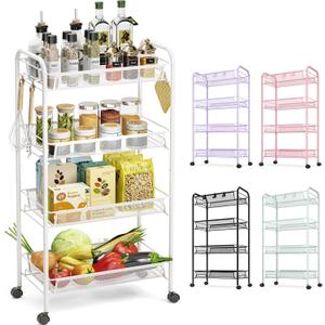 TOOLF 4-Tier Rolling Cart, Metal Utility Cart with 3 Hooks, Easy Assemble Mobile Storage Trolley On Wheels, Metal Shelving Units Kitchen Bathroom Laundry Room (White)