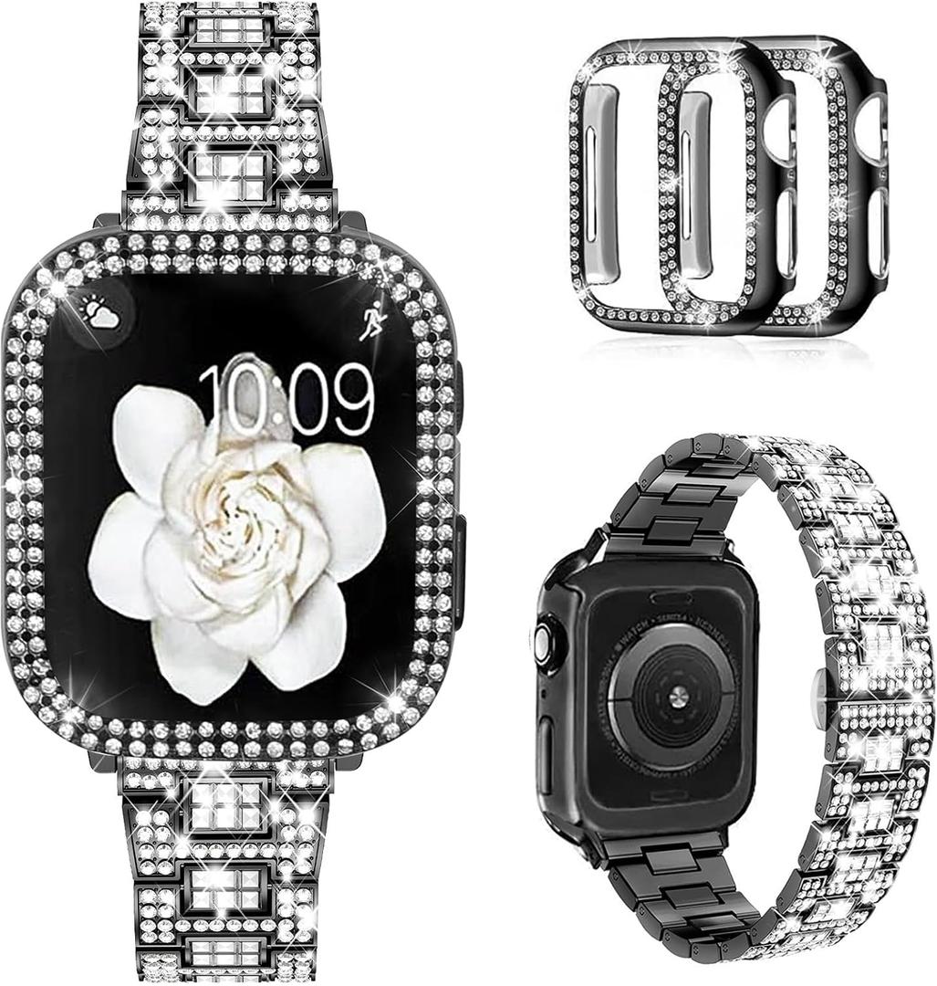 Mosonio Compatible with Apple Watch Band 44mm with Case Women, Bling Metal Wristband Strap with 2 Pack Bling PC Protective Cover for iWatch SE Series 6/ 5/ 4(44mm, Black)
