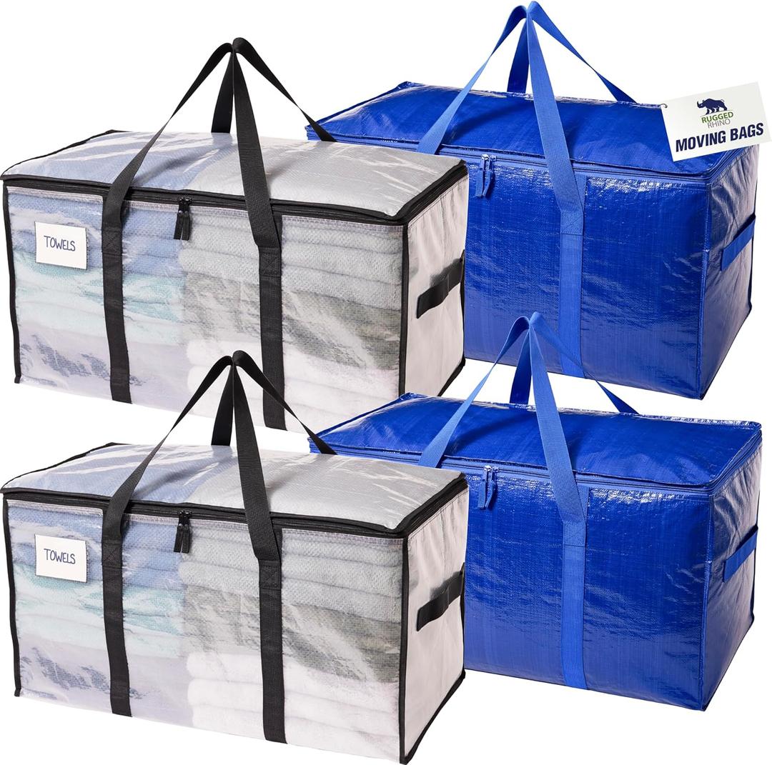 RUGGED RHINO 4 Pack Heavy Duty Extra Large Moving Bags, Durable Bag Strong Handles and Zipper, Moving Boxes Alternative for College Packing, Holiday Dcor, Space Saving Storage with Label, Blue/Clear