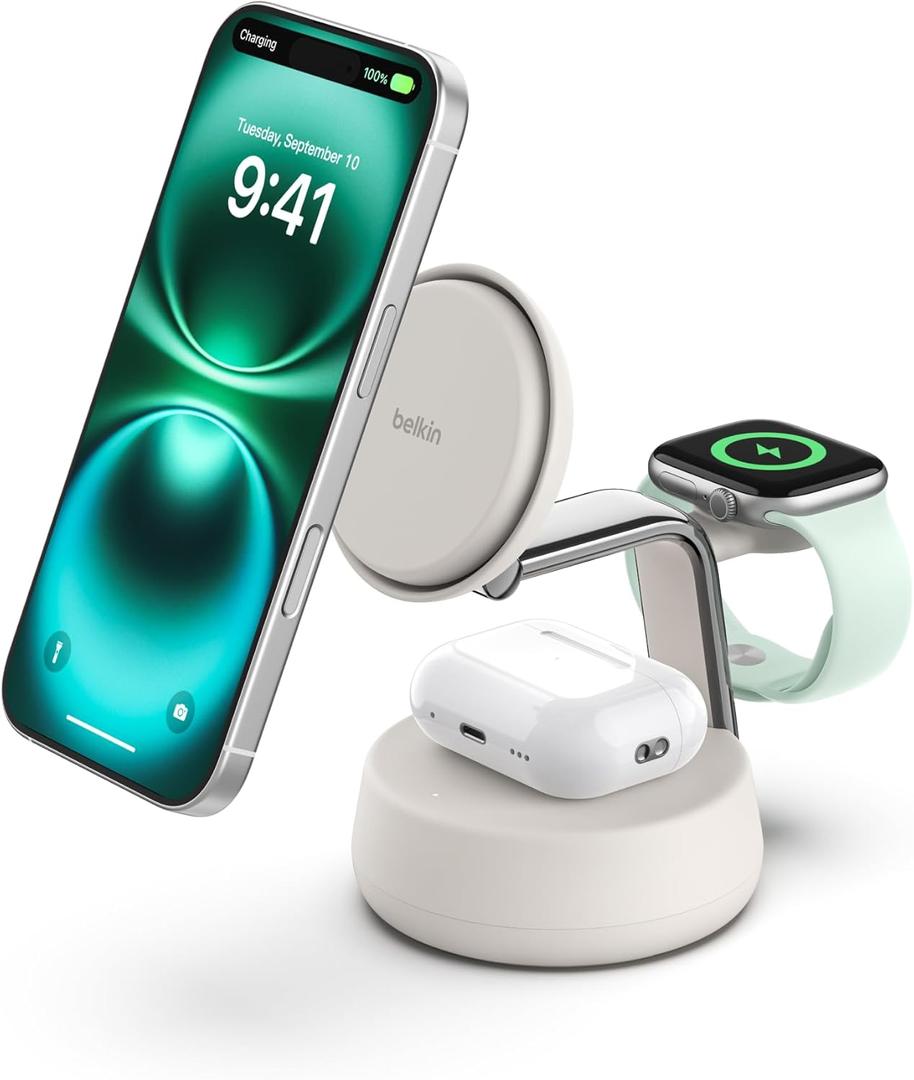 Belkin MagSafe Charger Compatible, 3-in-1 Charging Station, Qi2.2 25W w/Cooling Fan (On/Off Control) Magnetic Wireless Charger for iPhone 17, Apple Watch, AirPods, Pixel 10 (45W Adapter Included) (Sand)