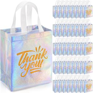 TOPZEA 40 Pack Iridescent Thank You Gift Bags, 10" x 8" Non-woven Reusable Grocery Bags Glossy Tote Shopping Bags with Handle, Foldable Stylish Bridesmaid Goodie Bag for Wedding, Birthday, Return Gift