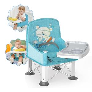 Baby Travel Booster Seat with Double Tray, BabyBond Upgraded Toddler Portable Baby Chair, Booster Seat for Dining Table, Stable and Foldable Booster Baby Chair for Indoor/Outdoor, Blue Sea World 
