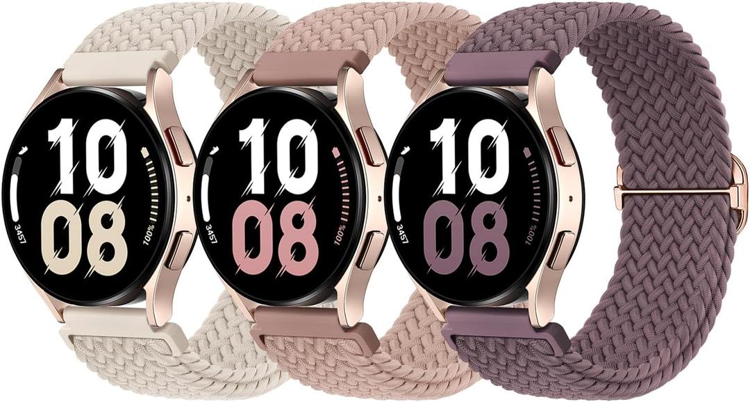 20mm Watch Bands Compatible with Samsung Galaxy Watch 7 FE 6 5 4 40mm 44mm, Galaxy Watch 6 4 Classic, Galaxy Watch 5Pro, Galaxy Watch 3 41mm, Galaxy Active2, 3Pack Stretchy Watch Straps for Women and Men (Starlight/NuePink/SmokeViolet)