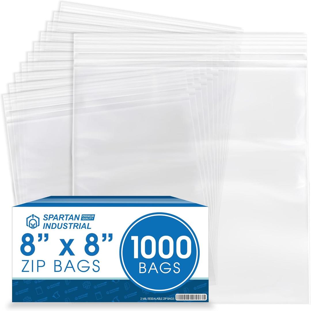 Spartan Industrial - 8 X 8 (1000 Count) 2 Mil Clear Reclosable Zip Plastic Poly Bags with Resealable Lock Seal Zipper