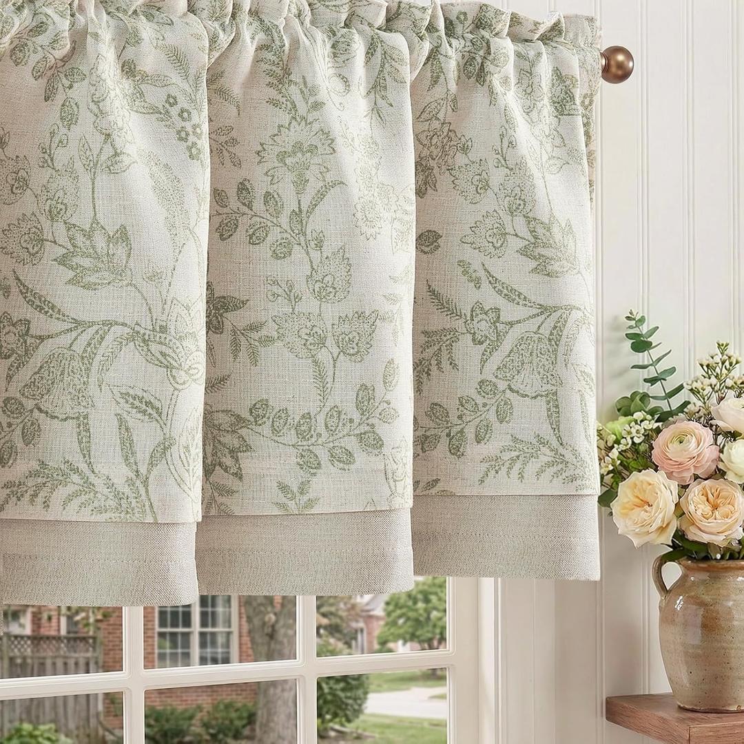 jinchan Linen Valance Curtain Farmhouse Floral Printed Small Window Curtain for Kitchen Rustic Country Light Filtering Valance for Living Room Bedroom 18 Inch Rod Pocket 1 Panel Sage Green on Beige