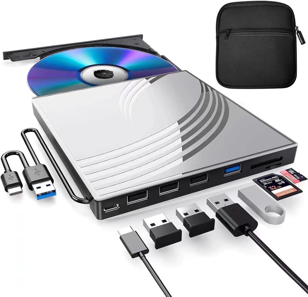 External CD/DVD Drive for Laptop with Carrying Case,DVD Player for Laptop,Portable CD Burner with 4 USB Ports, 2 TF/SD Card Slots,CD Disk Drive Player Reader Write (Silver)
