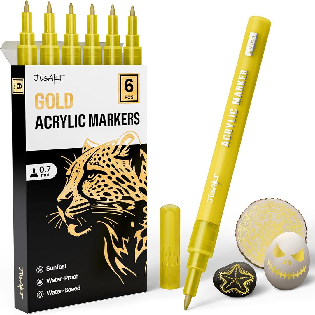 JusArt 6 Pack Gold Permanent Markers, 0.7mm Fine Point Gold Acrylic Markers for Rock Painting, Art Projects, Ceramic, Glass, Wood, Metal, Fabric, DIY, Ideal Gold Paint Pen for Art Supplies
