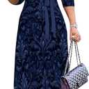 PinkPatty Plus Size Maxi Dress for Women 3/4 Sleeve V Neck Printing Dress Wedding Guest Sundress with Belt (A-Navy Blue 2XL)