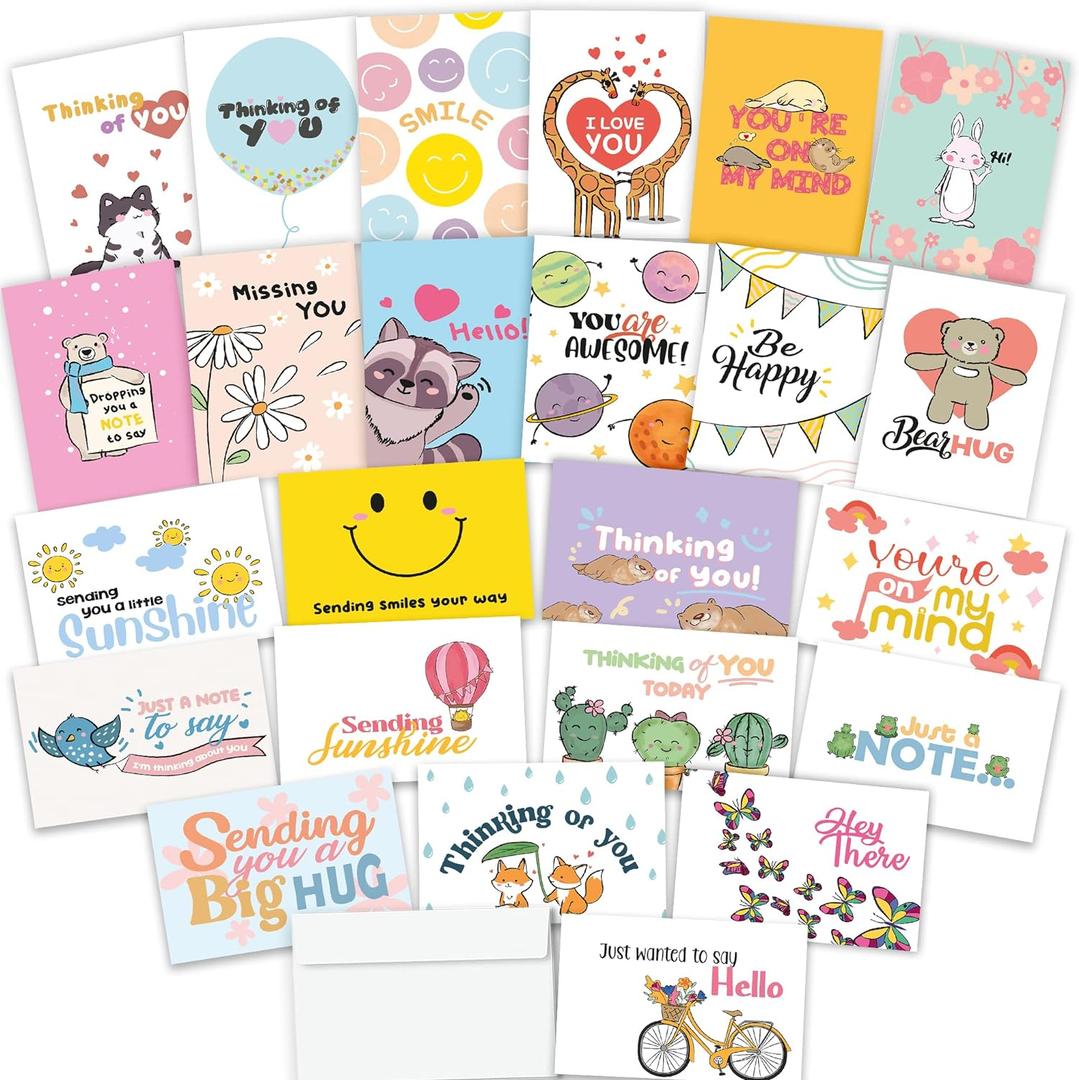 Thinking of You Cards with Envelopes - 24 Gender Neutral Thinking of You Cards with 24 Unique Designs - Unfolded 8.3 x 5.8 Folded 4.1 x 5.8 Greeting Cards Thinking of You (Variety) (Huge Variety Cute)