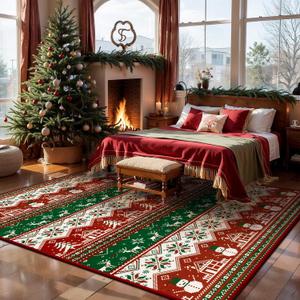 Christmas Rugs for Living Room, Red and White 5x7 Area Carpet Non Slip Indoor, Christmas Tree Snowman Reindeer Low Pile Washable Area Rug for Laundry Room, Bathroom, Bedroom