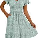 Kranda Women 2026 Summer V-Neck Casual Beach Sundress Empire Waist Short Flutter Sleeve Ruffle Floral Midi Dress with Pockets (Green, M)