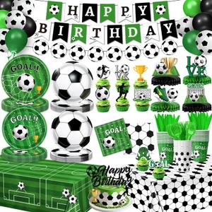 Soccer Birthday Party Decorations Includes Plates, Napkins, Cups, Banner, Hanging Swirls, Tablecloths, Balloons, Toppers, Honeycomb Centerpieces for Sport Soccer Party Decorations, Serves 24