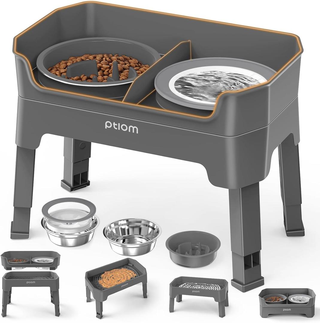 4-in-1 Elevated Slow Feeder Dog Bowls, 4 Height Adjustable Mess Proof Raised Dog Bowl Stand with No Spill Water Bowl, Stainless Steel Doggy Food Dish & Slow Feeder for Large Medium Small Pets (Grey)