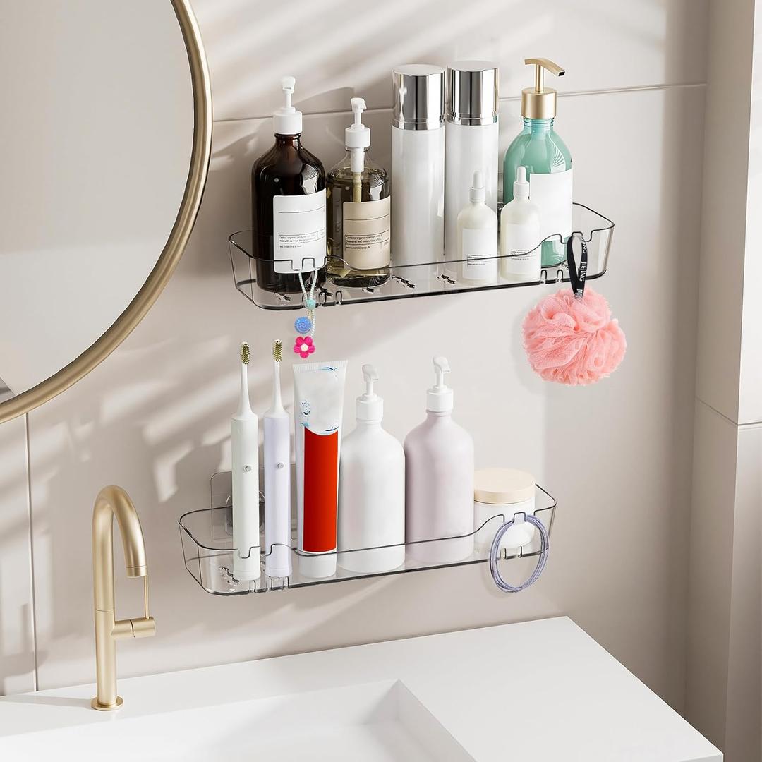 CGBE Acrylic Self-Adhesive Shower Caddies: No-Drill Bathroom Wall Shelf with Hidden Hooks & Drainage Holes - Clear Waterproof Organizer for Bathroom, Kitchen Storage (2 Pack, 2.3" L  3.6" W  1.8" D)