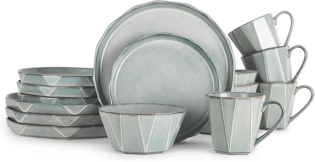 Table 12 Stonewashed 16-Piece Dinnerware Set, Service for 4, TD16Y50S | Stoneware Dinnerware with Reactive Glaze, Mugs, Plates and Bowls Set, Dishwasher and Microwave Safe