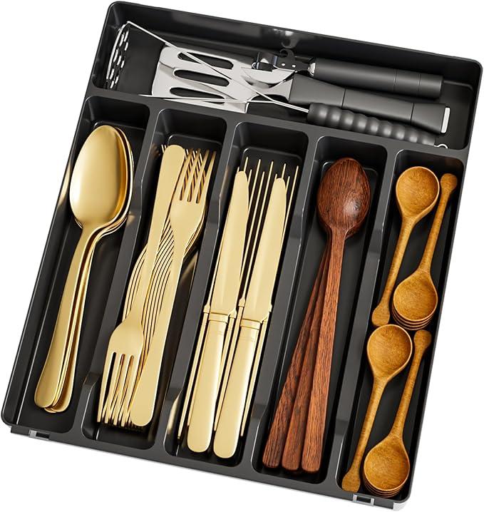 Silverware Organizer for Kitchen Drawers,BPA Free Cutlery Drawer Organizer,6 Slots Plastic Utensils Organizer Suitable as In-Drawer Silverware Holder and Tray,Flatware,Knife,Fork,Spoon Organizer,Black