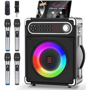 Karaoke Machine with 4 Wireless Microphones, Portable Bluetooth 5.1 Speaker for Adults Kids with LED Lights, Bass/Treble Adjustment, PA System with Remote Control, Supports FM/AUX/USB/TF for Party (4 Mics-Large)