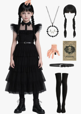 Girls Black Dress for Halloween Costume Kids Family Party with Wig Necklace Socks Accessories, Size 130 Girls Black Dress for Halloween Costume Kids Family Party with Wig Necklace Socks Accessories, Size 130