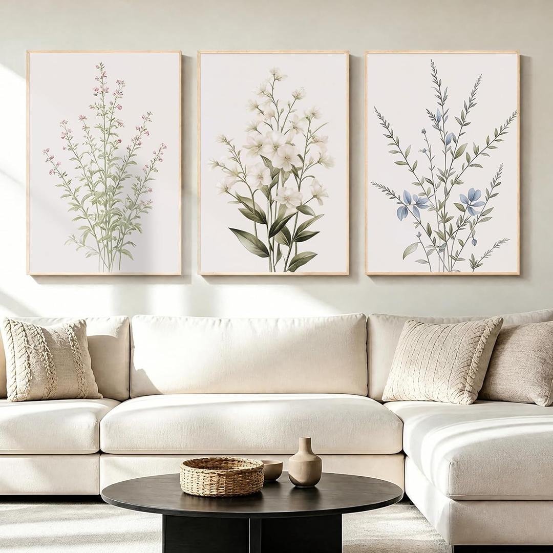 LAATOZ Neutral Framed Canvas Wall Art Flower Painting,Floral Boho Wall Decor for Living Room Bedroom Bathroom Office Hallway Stairs 16x24 Inch 3 Panels