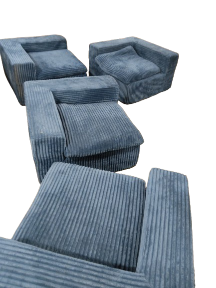 Boneless Couch, 4 L Shaped Blue Pieces, 1 Black Long Piece