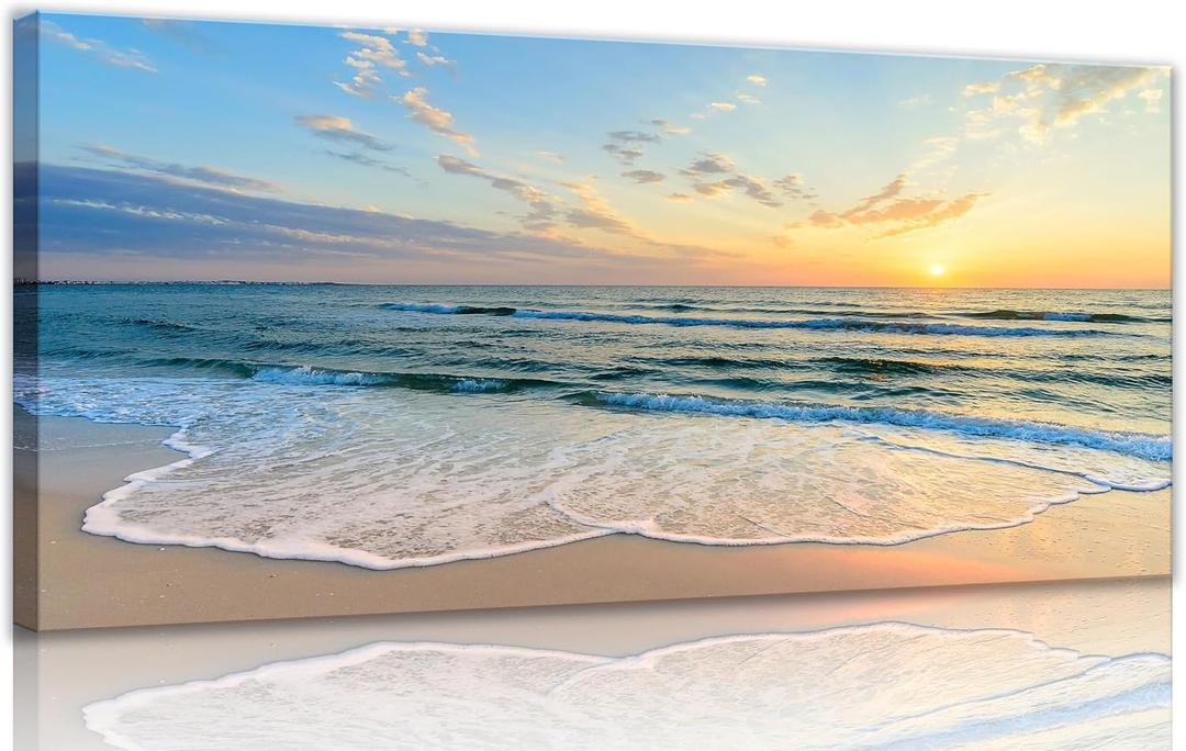 Sunset Ocean Beach Canvas Wall Art Living Room Ocean Picture Coastal print poster Blue Seascape Theme wall decor Modern Coastal Seascape Painting Seaside Artwork for Home Bedroom Framed