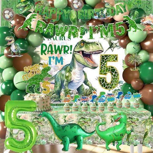 Hanviync Dinosaur Boys 5th Birthday Dino Jurassic Party Supplies: Banner, Backdrop, Tablecloth, Cake Toppers, Balloons