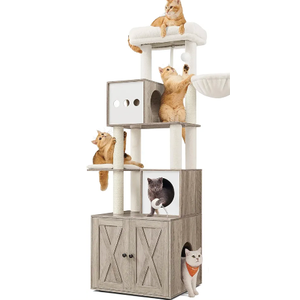 Feandrea Cat Tree with Litter Box Enclosure, 70.1-Inch Tall Cat Tower, 2-in-1 Modern Condo with Scratching Posts, Perch, Caves, Basket, Washable Cushion, Heather Greige UPCT116G01