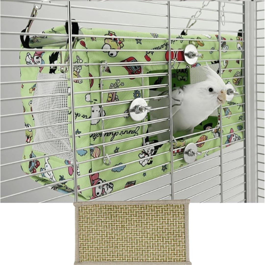 Large Spring Summer Breathable Bird Nest House, Zipper Design On The Back for Easy Cleaning, Conure Bed for Inside or Outside The Birdcage (Rectangle-Green,S)