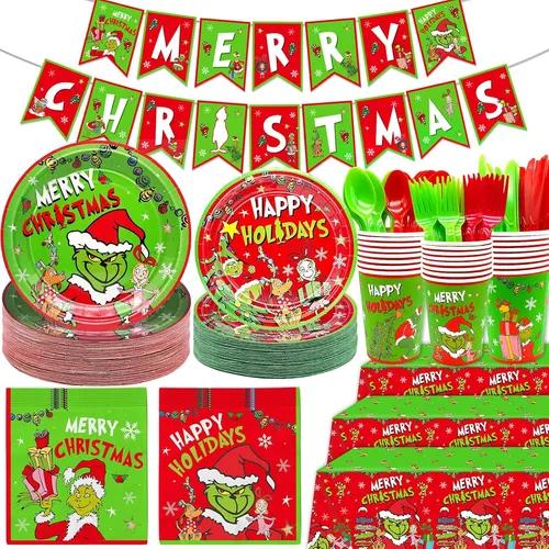 Merry Christmas Decorations Xmas Party Supplies Tableware Set Xmas Plates and Napkins with Tableware for Happy Holidays Decorations (Merry Christmas)
