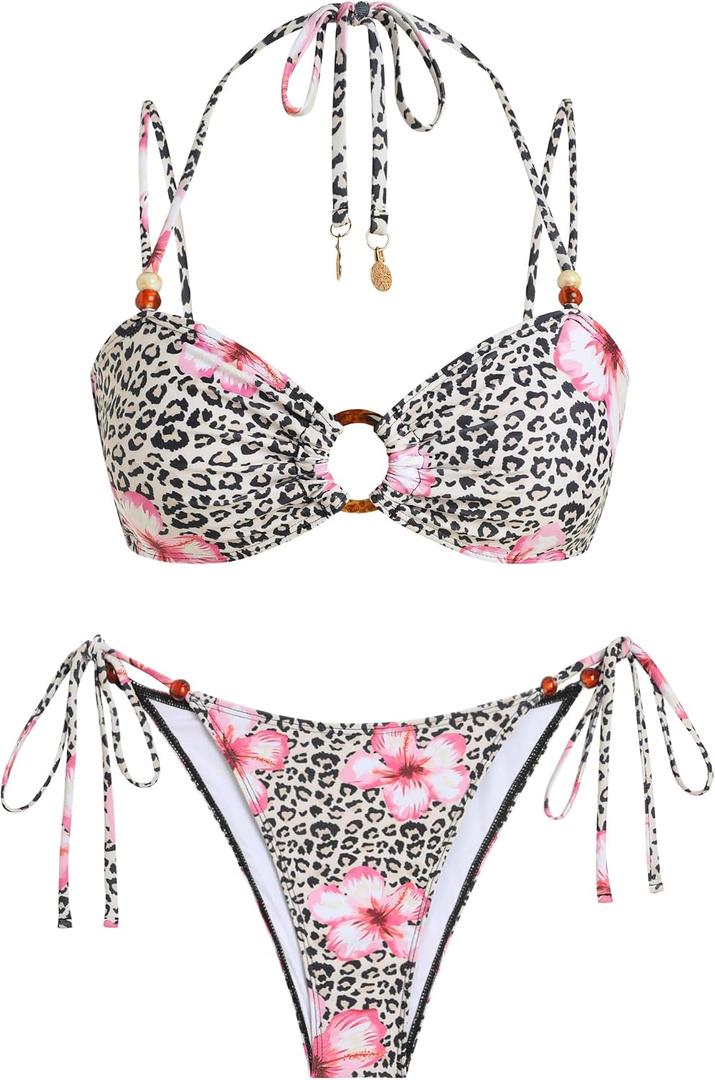 ZAFUL Women's Bandeau Bikini Strapless O Ring Lace Tie Back High Cut Two Piece Swimsuit Bathing Suits (M)