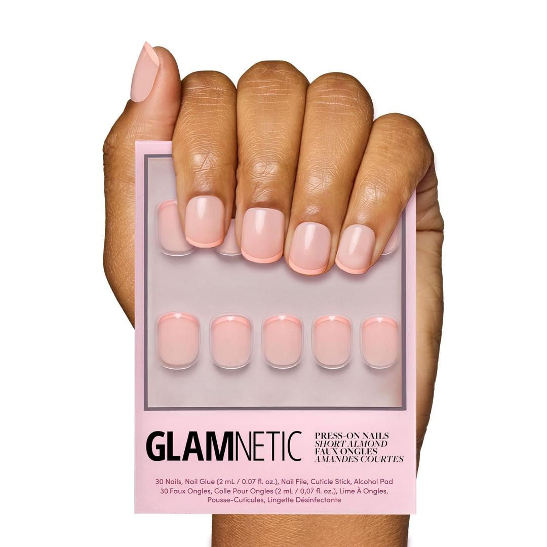 Glamnetic Press On Nails - French Peach | Super Short Round Fake Nails with Pastel Peach French Tips and Glossy Finish, Salon Quality | 15 Sizes - 30 Nail Kit with Glue
