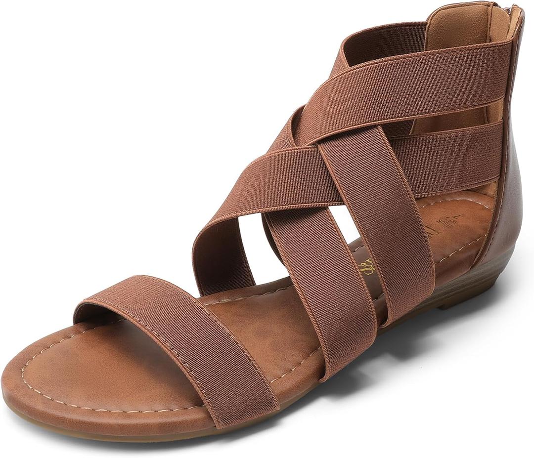 DREAM PAIRS Women's Elastic Ankle Strap Low Wedges Sandals (7, Dark Brown-elastic)