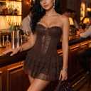 Women's Lace Corset Dress Sexy Mini Party Dress with Built in Shorts (Brown, L)