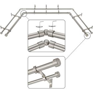 Brushed Nickel Double Corner Window Curtain Rods with Aluminum End Cap Finials and Brackets,1 Inch Diameter Dual Bay Window Curtain Rods, Adjustable 2 Sided 20-36" and 36-72" Center Rod