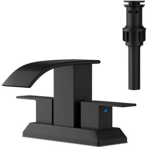 RUMOSE Matte Black Waterfall Bathroom Faucets 4 Inch Centerset Bathroom Sink Faucet with Pop Up Drain Two Handles 2 or 3 Holes Vanity Faucet RV Lavatory Basin Mixer Tap Deck Mount Stainless Steel