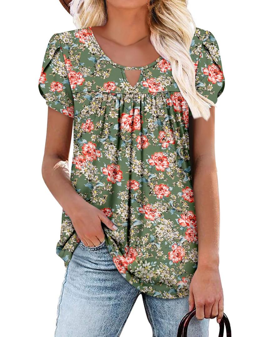 onlypuff Womens T Shirts Dressy Casual Pleated Tunic Boho Floral Blouse Fashion Summer Outfits Short Sleeve Tops Round Neck GreenOrange L