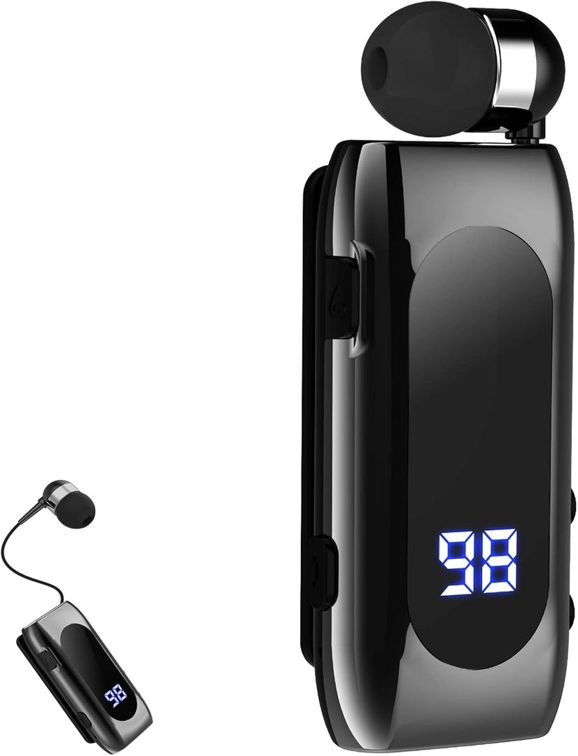 FashionLive Retractable Wireless Headset Headphone Stereo Earphone V5.0 Noise Cancelling Mic Clip on Earpiece Comfortable HandsFree Headset 20Hrs Talking Time Sports Business Trucker Driver Earbud
